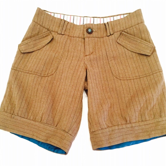 Brown pinstripe shorts with inner blue satin
