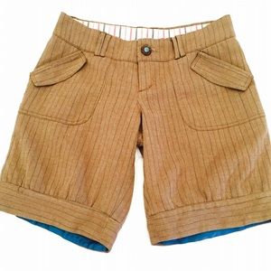 Brown pinstripe shorts with inner blue satin