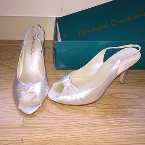 White satin peep-toe heels