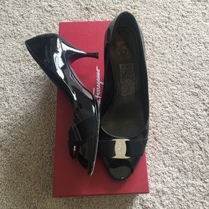 Salvatore Ferragamo black patent peep toe heel