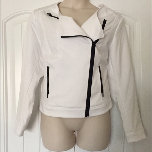 Moto style white jacket with black zipper detail