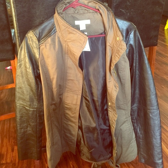 Military jacket with leather sleeves