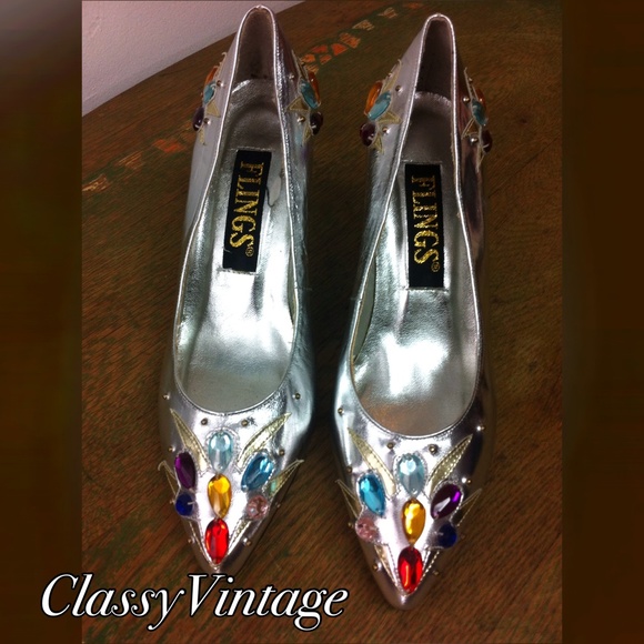 Flings Shoes - Bejeweled silver leather vintage Flings