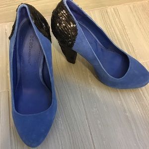 Sequined blue suede heels. Never worn.