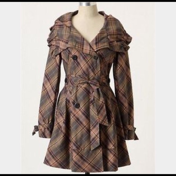 Anthropologie Tan and Olive Plaid Trench - Size 4
