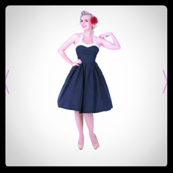 'Carola' Navy polka dot halter neck swing dress