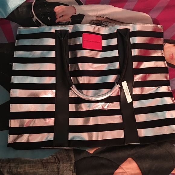 Victoria Secret black and silver striped tote