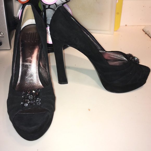 Pelle Moda black velvet chunky heels with gem.