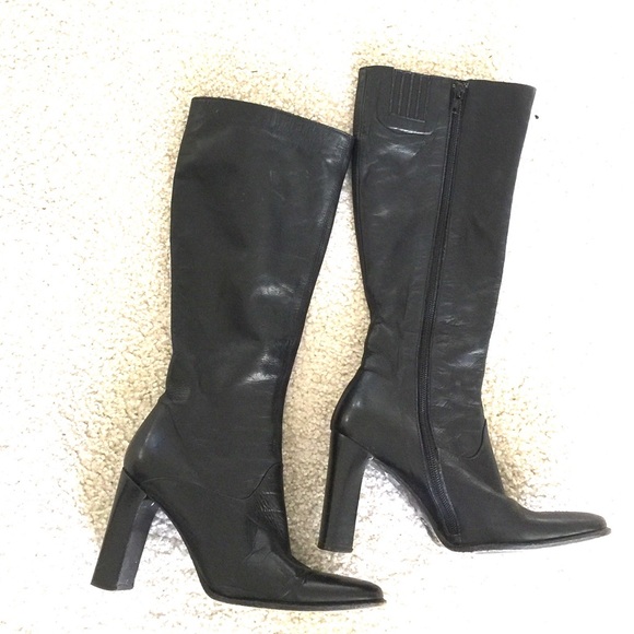 Italian leather black knee length boots