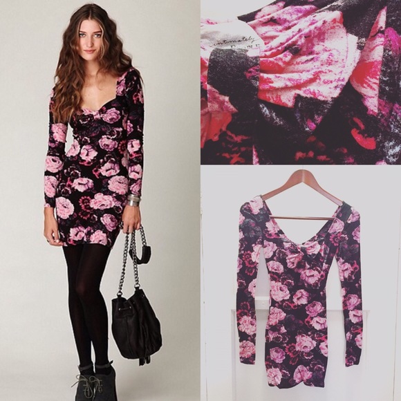 Free People Long Sleeve Printed Bodycon Dress, XS