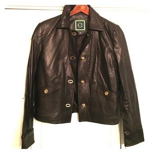 Black leather C Wonder jacket with gold turn locks