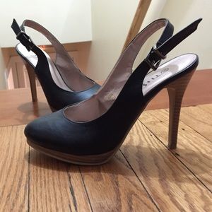 Black sling back platform heels