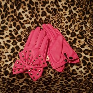 Pink Studded Leather Bow Gloves