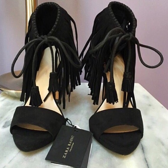 NWT Zara Fringe Black Sandal Heels