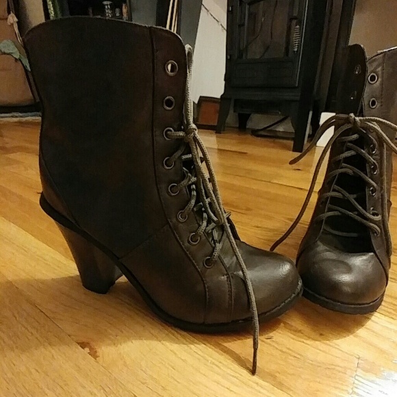 Faux leather lace up booties with chunky heel