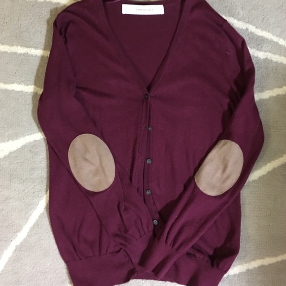 Zara Burgundy Button Up Sweater w/ Elbow Patches