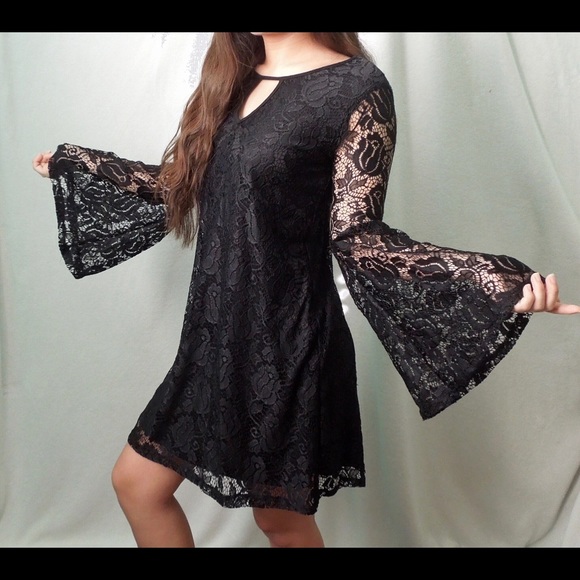 WitchyWoman Black Lace Bell Sleeve Petite Dress - Picture 3 of 4