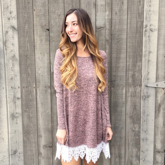 mauve lace trim sweater dress - Picture 3 of 4