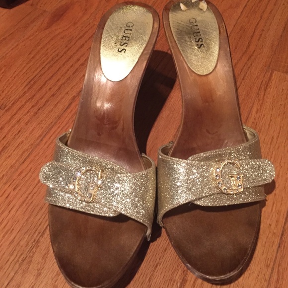 Striking gold Guess wooden heels!