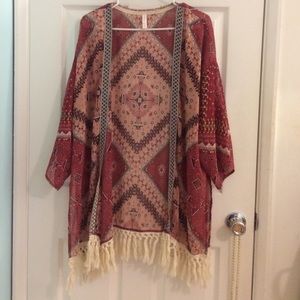 Red Aztec Fringe Kimono