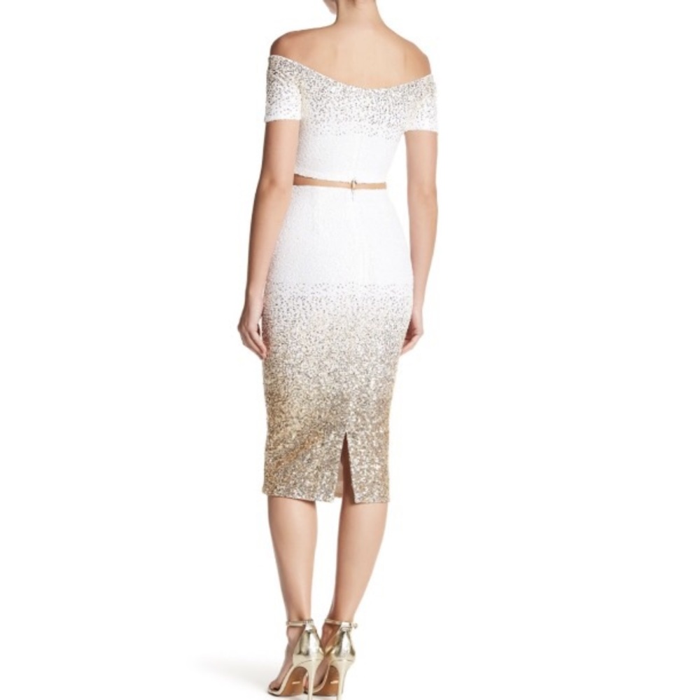 White/gold sequin twopiece off shoulder/midi set - Picture 2 of 7