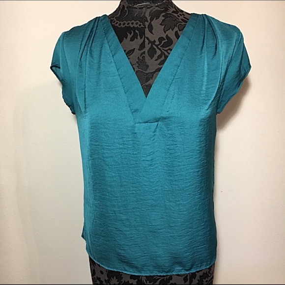 H&M Teal Green Silky V-neck Blouse Size 2