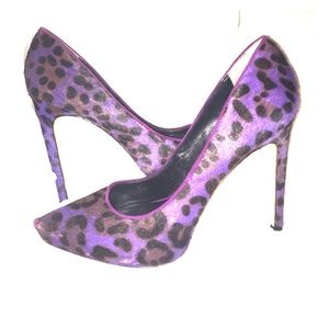 Purple leopard pony hair heel pumps
