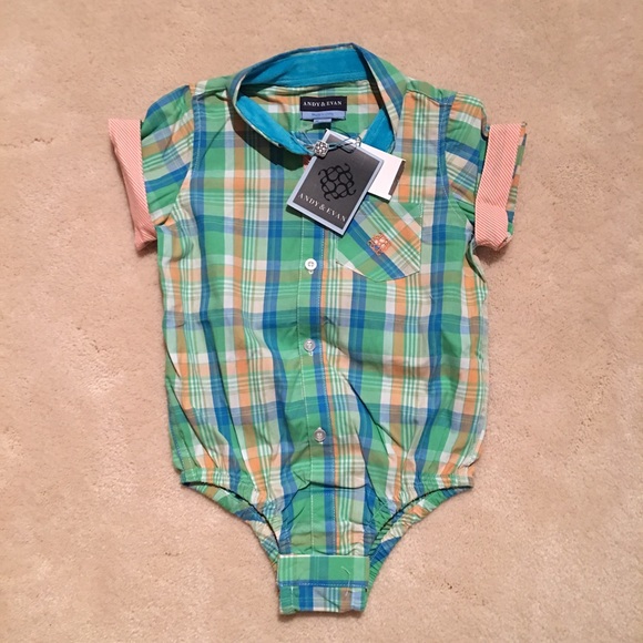 🎉HP 💕NWT Andy & Evan Mint Madras S/S Shirt 18-24