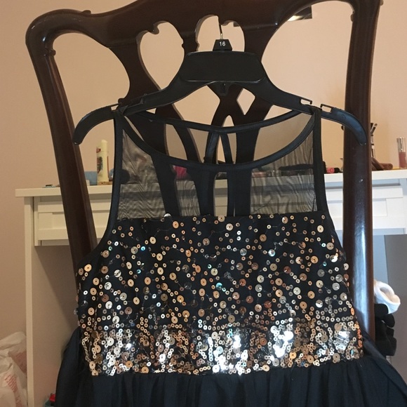 Black dress with gold sequins and mesh at the top