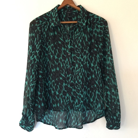 I Love H81, Animal Print Sheer Button Down Blouse
