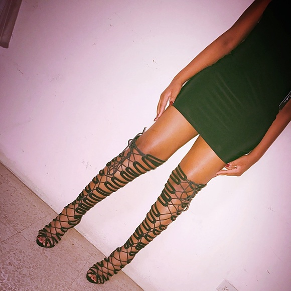 Suede Cage Lace-Up Open Toe Thigh High Heels