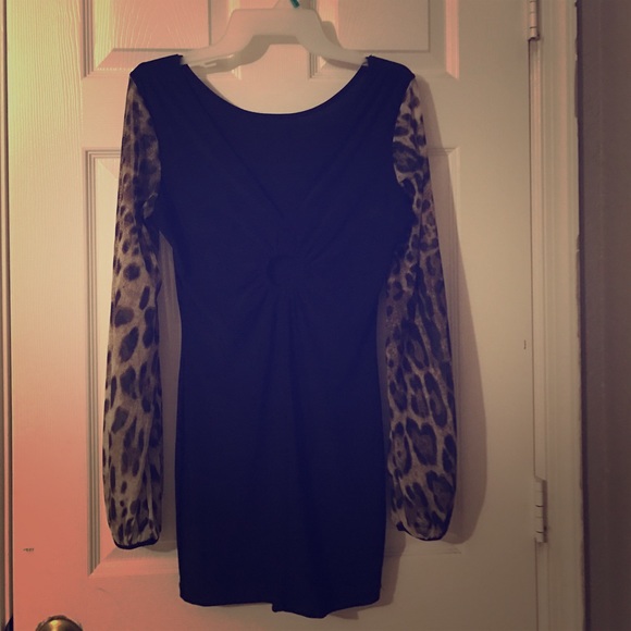 Black mini dress with leopard sleeves