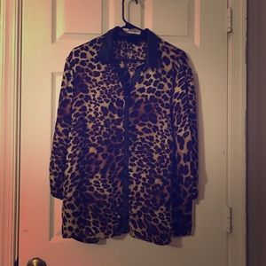 Leopard silky button up with leather collar