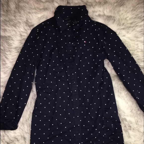 Blue/ white polka dotted button down - Picture 1 of 2