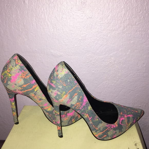 Denim Paint Splattered Pointed Toe Heels