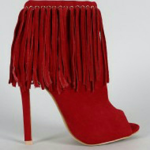 Red fringe heel bootie