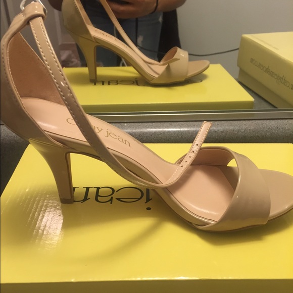 Cathy Jean ankle strap heels nude patent leather