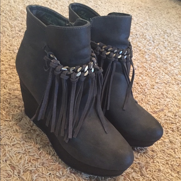 Grey fringe booties worn once