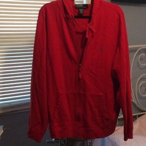 Red men's hoodie by Ralph Lauren.