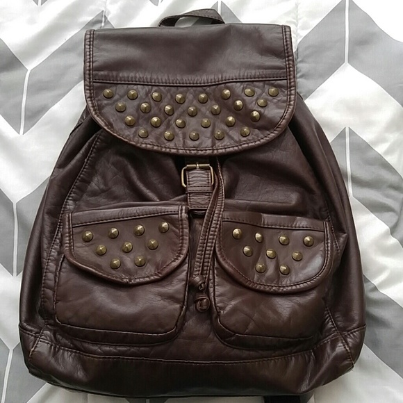 Brown Genuine Leather Backpack with Gold Studs