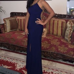 Dark navy blue one shoulder prom dress.