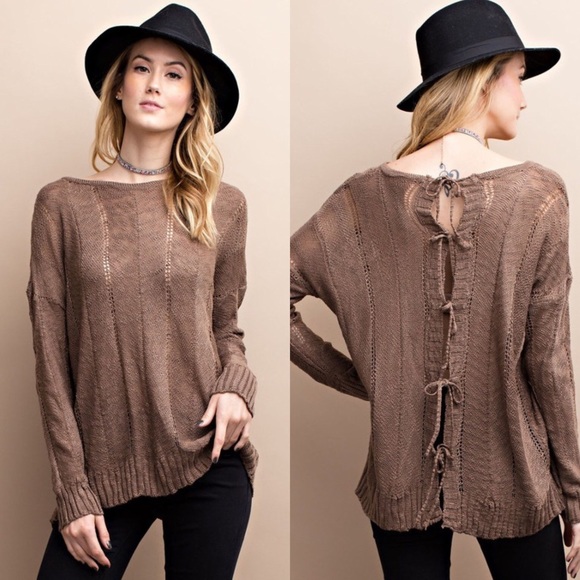 The O Boutique Sweaters - •LAST 1• Mocha Light Knit Open Back Tie Sweater