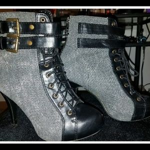 Black and grey lace up and buckle detail booties
