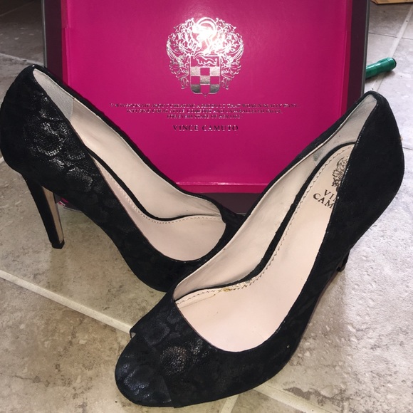 New Vince Camuto black suede peep toe pumps