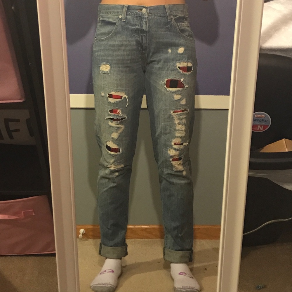 boyfriend jeans with plaid patches