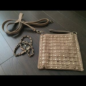 Cute studded mini taupe/cream bag with straps.