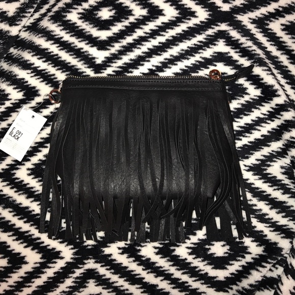 Handbags - NWT Fringe Black Leather Crossbody Bag / Clutch