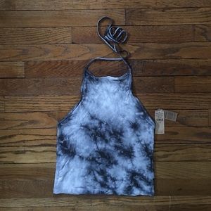 Black/grey/white HALTER NECK TIE CROP TOP