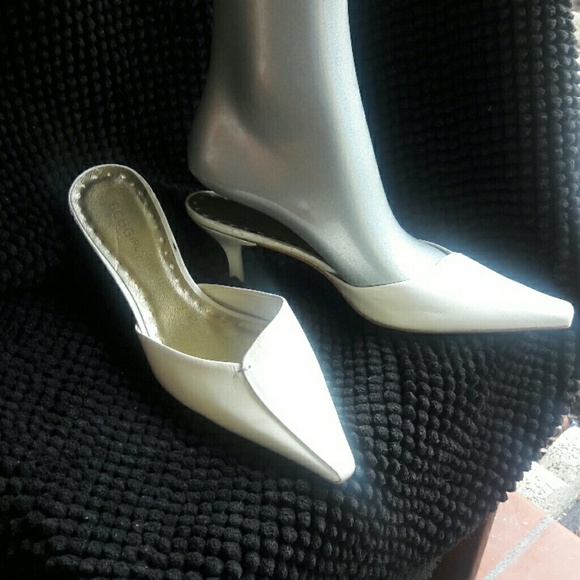 BCBGirls Shoes - BCBGirl Pointy Cream Envelope Fold Toe Mule Heels