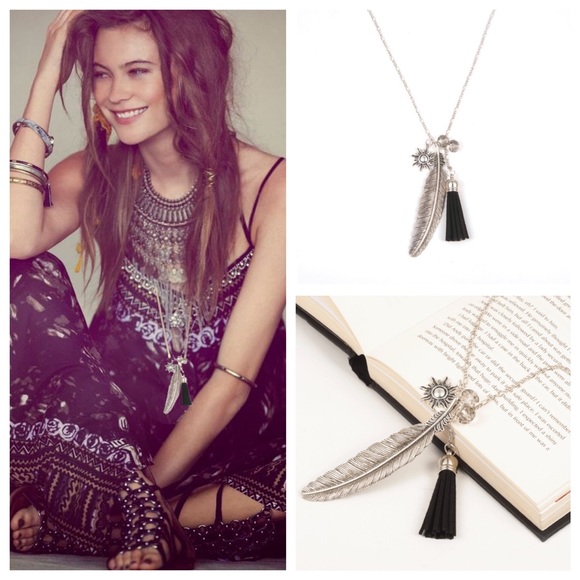Boho long silver feather crystal fringe necklace